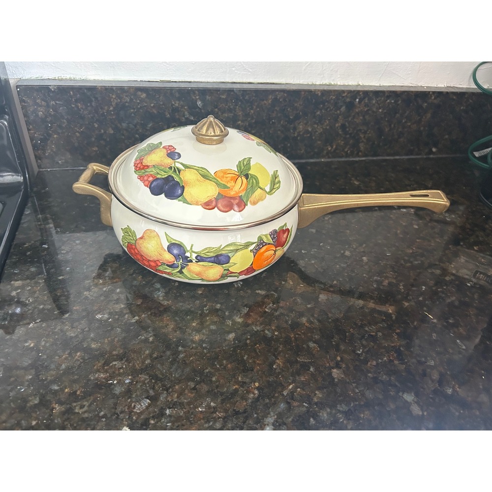 Regency Club Enamelware Saucepan with Lid Fruit Motif Gold Handles Vintage Style